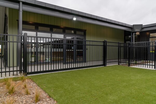 black metal fencing designed and installed by Axiom Built at Pītau-Allenvale School in Belfast, Christchurch
