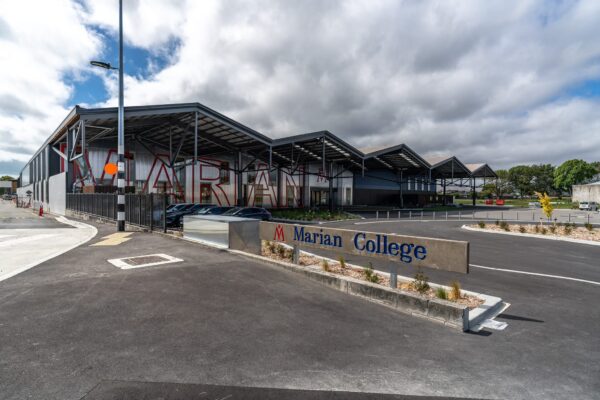 46_Education_Schools_Puna_Fencing_Balustrade_1200(H)_Aluminium_Marian image of Marian College entrance featuring new metal fencing installed by Axiom Built in Christchurch