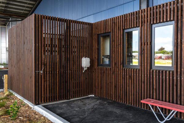 architecturally designed wood slat fence panelling installed at Marian College, Christchurch by Axiom Built