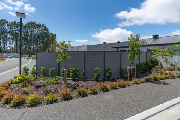 Retirement gate and fencing made from steel and aluminium installed for Bupa Retirement Village in Prebbleton, designed, manufactured and installed by Axiom