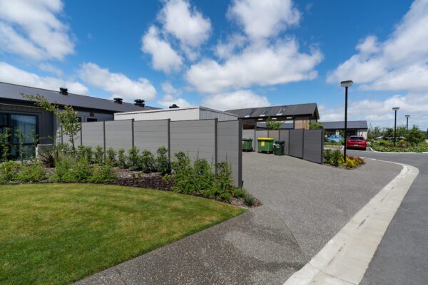 Street view of retirement fencing made from steel and aluminium installed for Bupa Retirement Village in Prebbleton, designed, manufactured and installed by Axiom